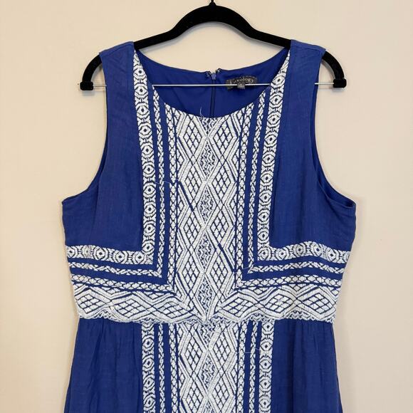 Luxology Maxi Dress Womens XL Blue Geometric Embroidered Boho Sleeveless Cottage - Picture 3 of 9